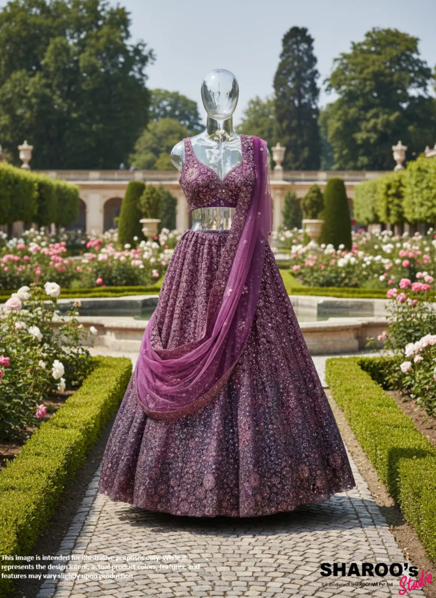 Deep wine–plum hue Embroidery designer Lehenga