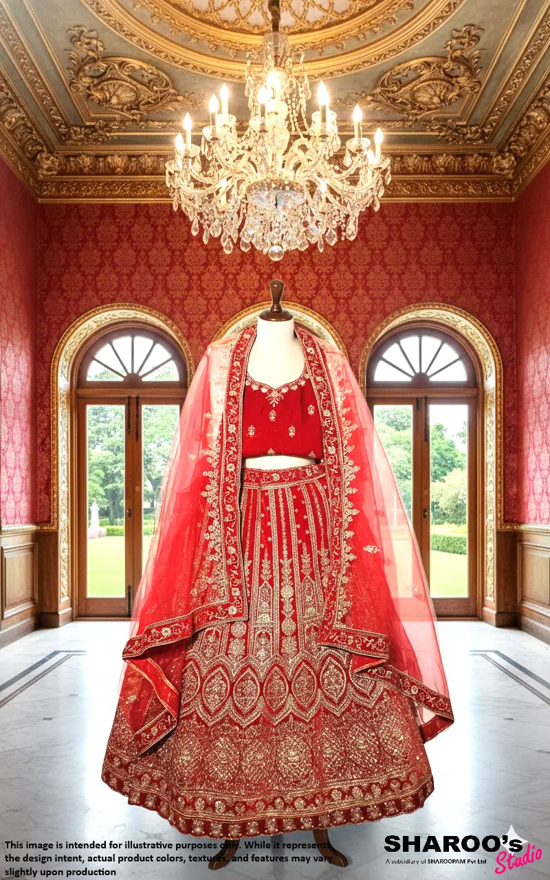 Rich Red Velvet Embroidered Lehenga Set 