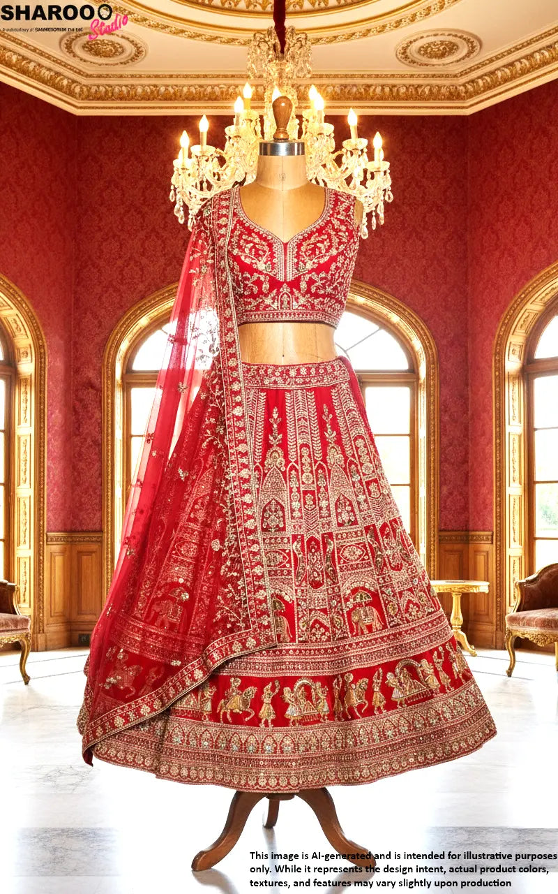 Red Raw Silk Lehenga Set with Double Dupatta