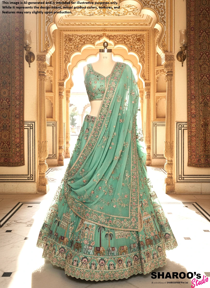 Mint Green Embroidered Designer Lehenga